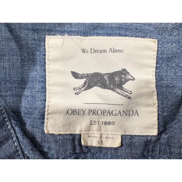 Obey Mens Blue Denim Cotton Long Sleeve Collared Button Shirt Pockets Sz XL - Picture 8 of 12